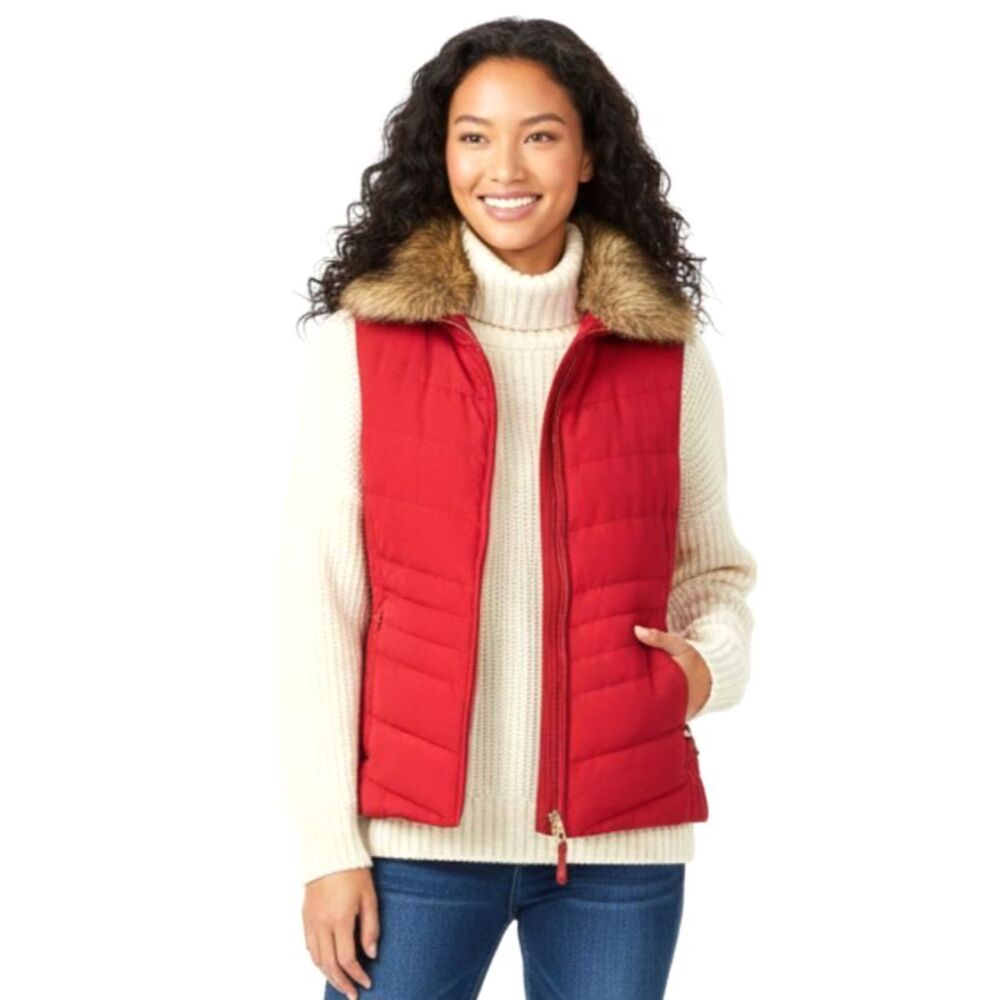 Talbots‎ Womens Small Red Quilted Down Puffer Vest Faux Fur Collar